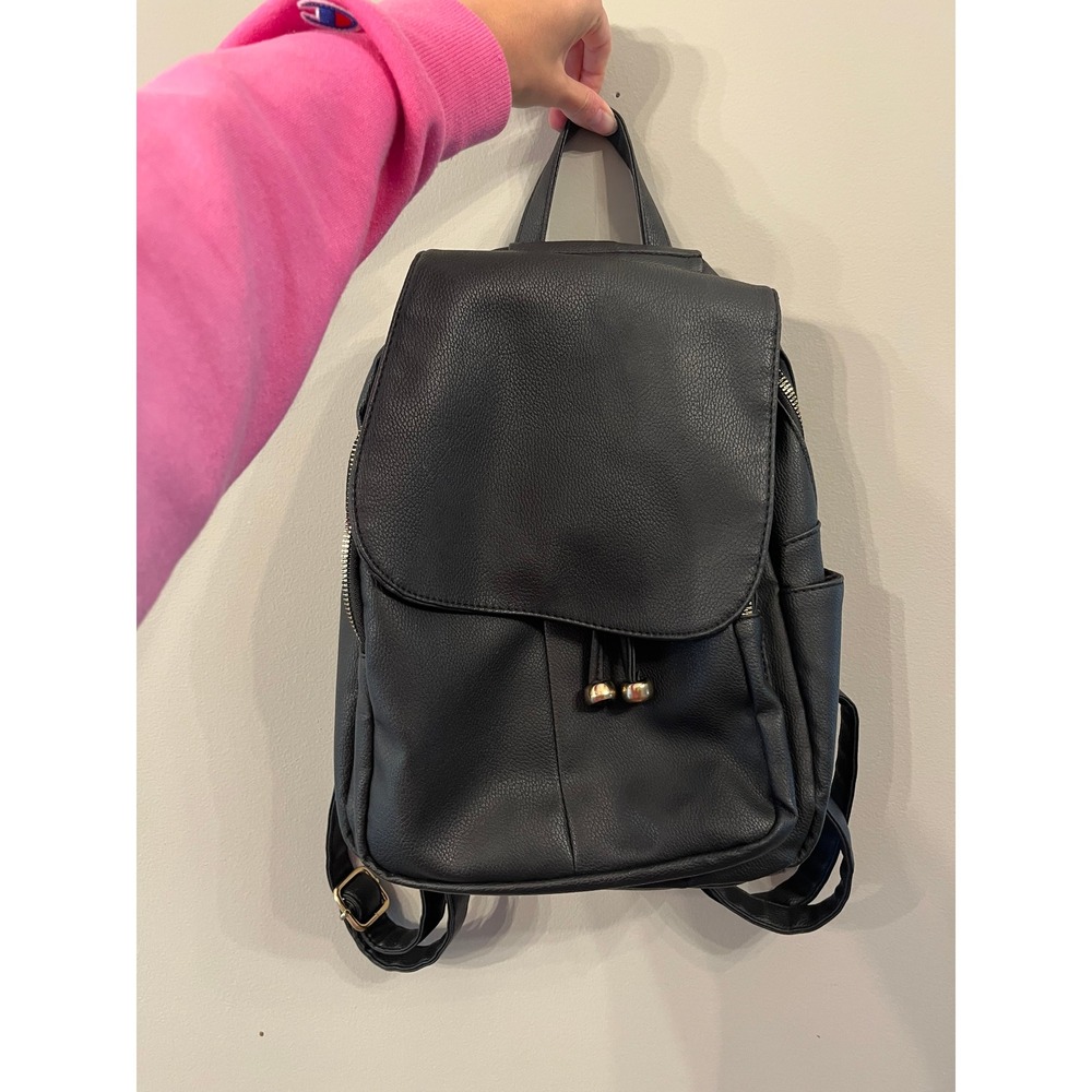 Black Faux Leather Mini Backpack Gold Hardware Multi Pocket Travel Bag